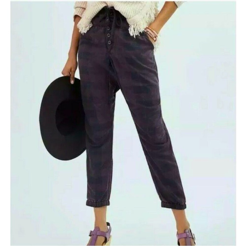 Anthropologie Jacquie Black & Plum Checkered Button Fly Jogger Size XS